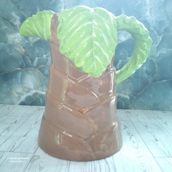 Vintage Brown Tree & Green Leaf Hand-Crafted & Painted Ceramic Beverage Pitcher - Picture 6 of 7